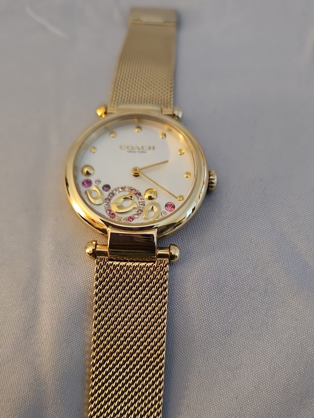 Coach Gold-Tone Mesh Bracelet Watch with Crystal Accents